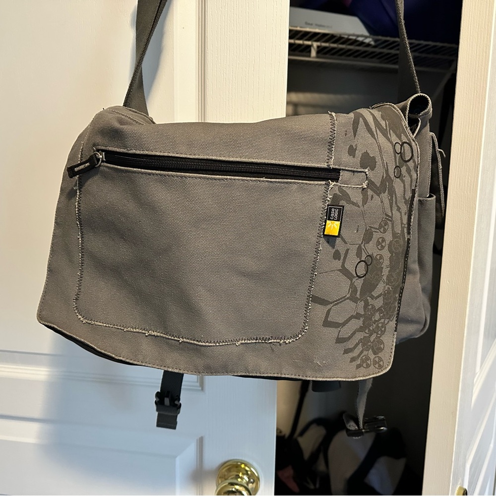 Gray Canvas Crossbody Messenger Bag with Floral Print